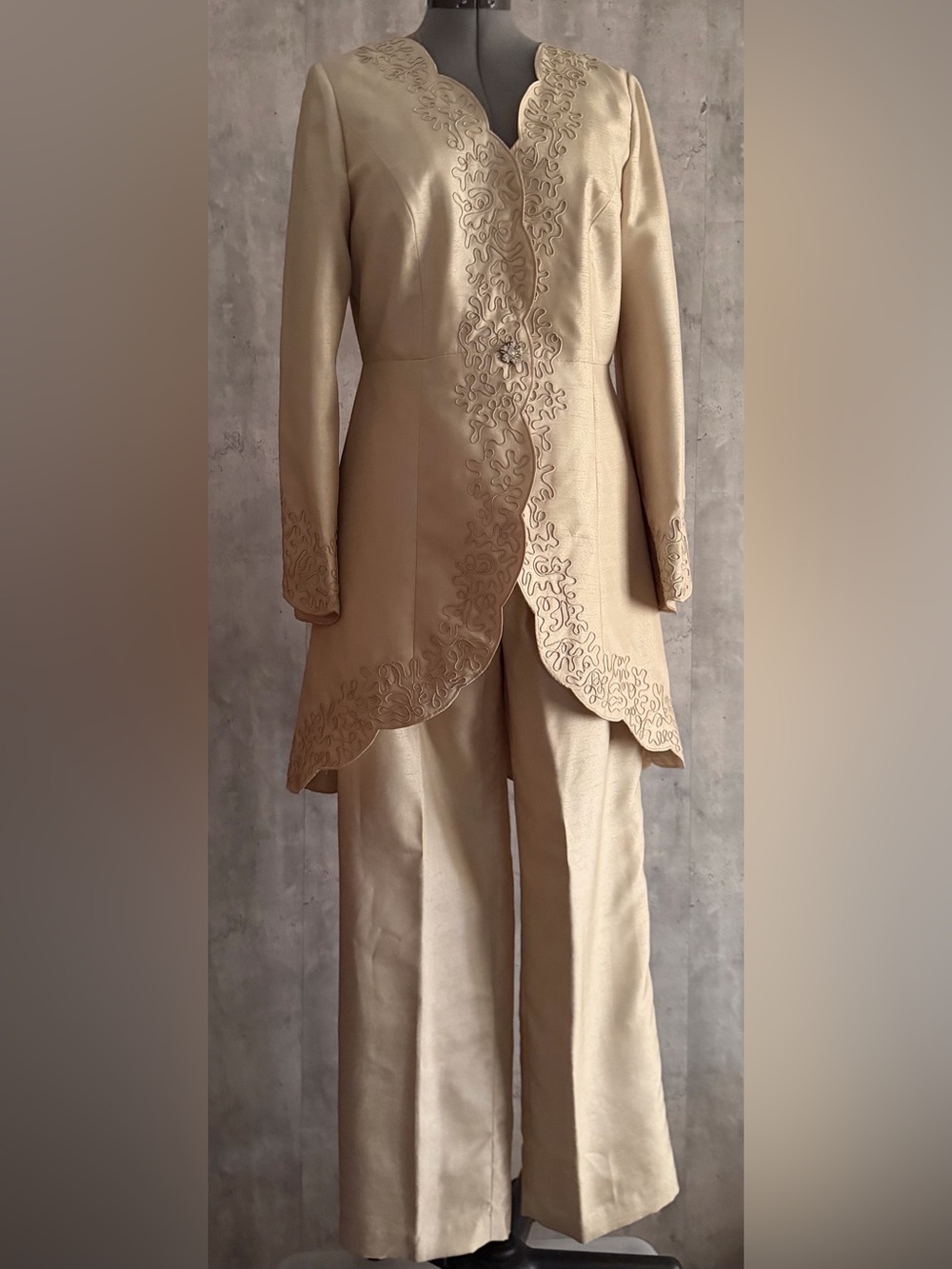 ASHRO Women's Champagne Gld Embroidery Pantsuit Formal Elegant 2pc Tunic Sz14